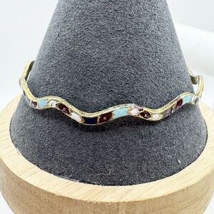 Vintage Enamel Bangle Bracelet Wavy Design Red Blue White Bohemian